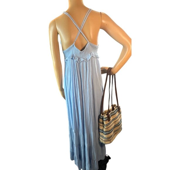 Womens Plunge Gauzy Maxi Dress Medium Baby Blue Crochet Lagenlook Boho - Picture 4 of 8